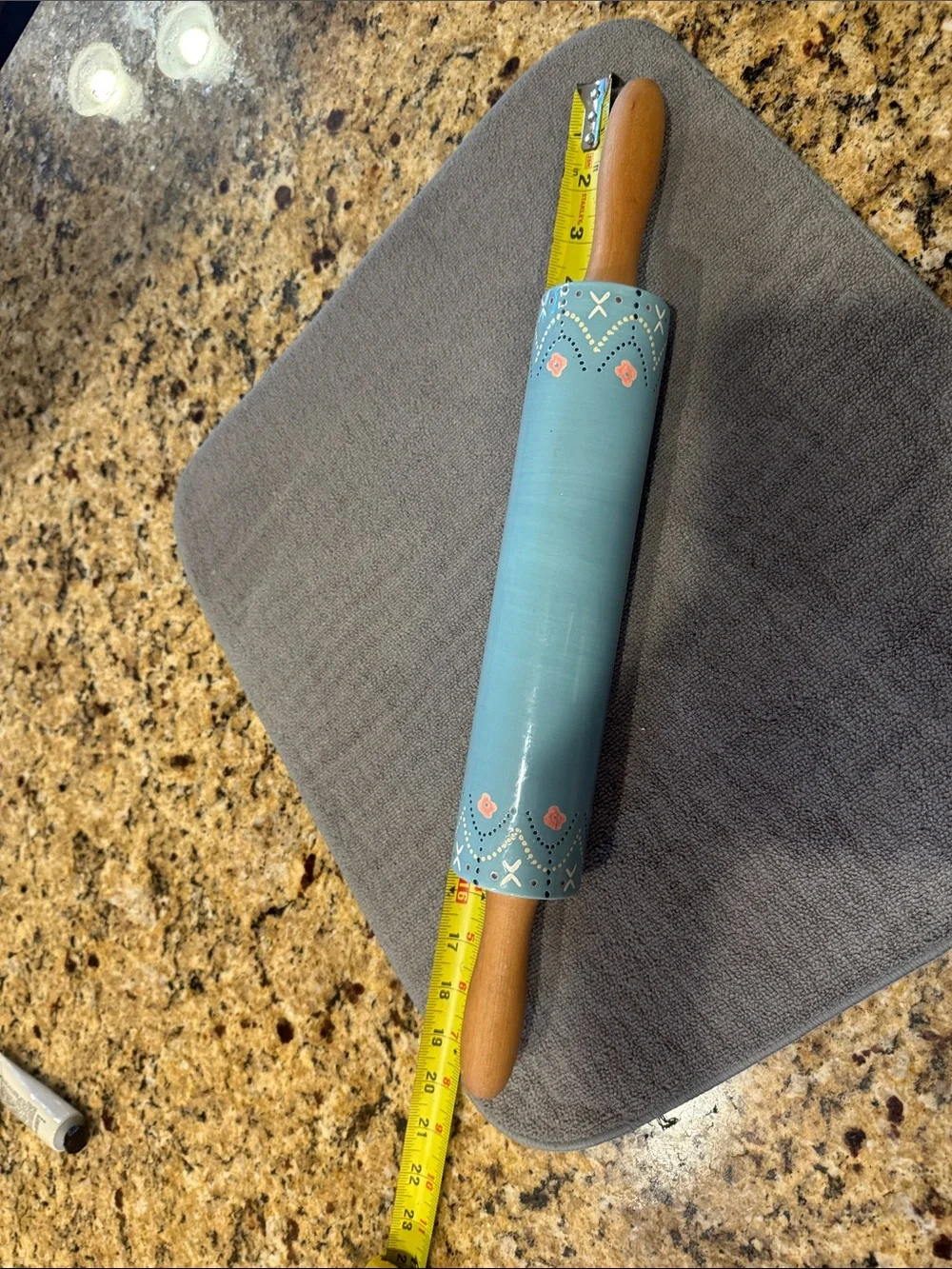 Hand-Painted Aqua ceramic Decorative Rolling Pin with Wooden Handles. 19”